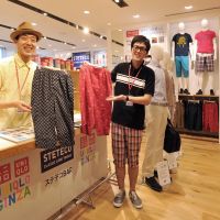 Breaking with convention: Uniqlo \"steteco bartenders\" Sokichi Hotta (left) and Itaru Nakamaniwa show and wear brightly colored \"suteteko\" underwear at the company\'s flagship store in Ginza, Tokyo, on Monday. | YOSHIAKI MIURA