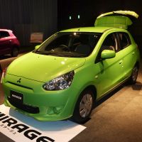 Thai-up: Mitsubishi Motor\'s new Mirage hatchback, which will be assembled in Thailand and exported to Japan from the end of the month, is unveiled to the media Wednesday in Tokyo. | KYODO