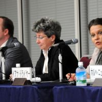 Researchers from think tanks in Europe &#8212; (from left) Arno Behrens from the Center for European Policy Studies (CEPS), Francoise Nicolas from The French Institute of International Relations and Iana Dreyer from Institut Montaigne &#8212; discuss European problems and common challenges for mature economies during an Oct. 26 symposium in Tokyo. | SATOKO KAWASAKI