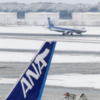 Taking off the chill: An airport worker removes snow Monday morning from an All Nippon Airways jet at Narita airport in Chiba Prefecture. | KYODO