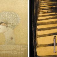 “Puppet Show, Bird” (left), a tempera painting by Yoshihiro Ushijima, who studied in Vienna from 1974 to 1982 under Austrian painter Rudolf Hausner, is on display at Shihoudou Gallery. Right: Sagamiya presents “Life course in vernal days” by Yuji Murakami, who is exploring contemporary nihonga (Japanese painting). Exploring, rediscovering fine arts