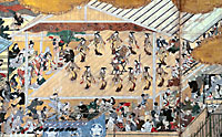 Detail of “Amusements at the Shijo Riverside” showing the all-female kabuki troupe. The razzle-dazzle of Edo life, art