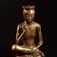 Buddhist sculpture of Maitreya (seventh century) similar to one at the Koryuji Temple in Kyoto; bronze incense burner (sixth/seventh century) (below) shaped like the Chinese mountain of the immortals | PHOTOS COURTESY OF PARCO THEATRE