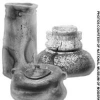 Clockwise from bottom: Bizen ware mizusashi and triangular vase with a row of bosses, both by Toyo Kansehige; \"Bag of Desire,\" a mizusashi by Handeishi Kawakita | PRINTS COURTEY OF SHINTENSHA