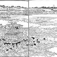 Hasegawa Settan\'s 1830s print of the annual mikoshi \"procession\" off Shinagawa (above), and the same ceremony as it is enacted today at Odaiba. | PRINT COURTESY OF SHINTENSHA; PHOTO COURTESY OF SHINAGAWA WARD OFFICE