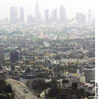 The Los Angeles city skyline is shrouded in smog in this July 15, 2003 photo which shows why the U.S. Environmental Protection Agency made the LA basin the only U.S. \"severe\" pollution category region. Biogeographer Jared Diamond warns that environmental problems have destroyed societies in the past, \"and they are even more likely to do so now.\" | ILLUSTRATIONS COURTESY OF MASATOMO