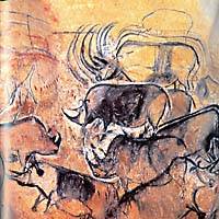 This painted panel from the Grotte Chauvet is more than 30,000 years old. However, it shows sophisticated artistic techniques, such as the use of field preparation -- here,  scraping the rock to give a light-color background -- and the dynamic repetition of the horn of the uppermost rhinoceros. | &#160; PHOTO COURTESY OF SHOCHIKU PHOTOGRAPHIC DEPPARTMENT