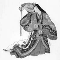 A high-born woman from the Heian Period clothed in formal court attire, including a red  karaginu  overgarment, a dark-green  uchigi  underrobe, a gold or silver  saishi  head ornament and a red  hakama  divided skirt &#8212; together with a hand-painted or dyed white-silk train | PHOTO COURTESY OF THEATRE IWATO