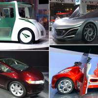 Cars on display at the 40th Tokyo Motor Show in Chiba include (clockwise from top left) the Toyota RiN, Mazda Taiki, Nissan R.D/B.X and Honda FCX. | SATOKO KAWASAKI PHOTOS