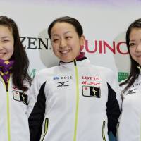 Key contenders: Mao Asada (center), Akiko Suzuki (right) and Kanako Murakami will represent Japan at the Four Continents Figure Skating Championships this weekend in Osaka. | KYODO
