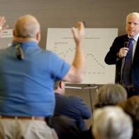 Trying times: Sen. John McCain grimaces during a town hall meeting Tuesday in Sun Lakes, Arizona. Left: McCain smiles during a presidential campaign rally in Wallingford, Pennsylvania, in November 2008. | AP