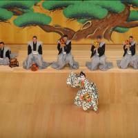 Performing art: Kabuki actors (from left) Onoe Kikugoro, Nakamura Baigyoku and Matsumoto Koshiro perform a scene from \"Kotobukishikisanbanso\" at the opening ceremony of the new Kabuki-za theater in Tokyo\'s Ginza district on Wednesday.  | YOSHIAKI MIURA