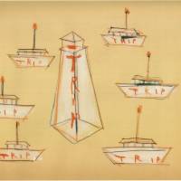 Ships that pass in the night: Katsuhiko Hibino\'s rough sketches of \"The Trip Project,\" which involves a lighthouse that will be lit throughout the Roppongi Art Night, and temporary portable stages shaped as boats. | COURTESY OF ROPPONGI ART NIGHT