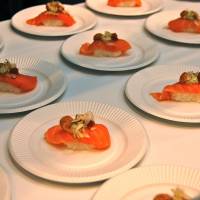 Swedish touch: Pontus Johanssen\'s salmon nigiri topped with fried salmon rolled in gold dust, aioli sauce and hazelnuts. | MELINDA JOE