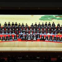 Meet the cast: Ninety-nine kabuki actors with Shochiku Co. take part in an introduction during the opening ceremony for the new Kabuki-za theater in Tokyo\'s Ginza district on Wednesday. | YOSHIAKI MIURA