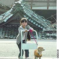 A girl in Kawaguchi, Niigata Prefecture, gives a dog a lift in front of a house wrecked by the recent quakes. | ERIC JOHNSTON PHOTO
