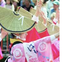 An Awaodori dancer in a team outfit bearing the Buddhist swastika performs April 30 in Tokushima. | KYODO PHOTO