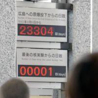 Ticked off: Reset to one, a display at the \"peace clock\" monument at Hiroshima Peace Memorial Museum on Tuesday shows the number of days since the last nuclear test. | KYODO PHOTO