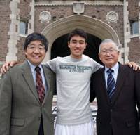 In grandpa’s footsteps: Yoshio Matsumoto is accompanied by his son, Joe, and grandson, Andy, an incoming freshman, on the campus of Washington University on Aug. 28 in St. Louis. At bottom, Japanese students including Yoshio Matsumoto (top right), who avoided being sent to an internment camp by attending Washington University, pose for a photo in 1941. Washington U. let nisei avoid internment