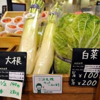 Details: Notices for vegetables grown in Fukushima Prefecture show the level of radioactive cesium &#8212; in this case, less than 10 becquerels per kilogram, well below the allowable limit &#8212; at a Cataloghouse store in Tokyo\'s Shinbashi area last month. | YOSHIAKI MIURA