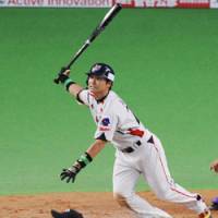 Man of the moment: Norichika Aoki hits a game-winning two-run homer in the ninth inning of Friday\'s opening game of the All-Star Series. The Central League won 10-8. | KYODO PHOTO