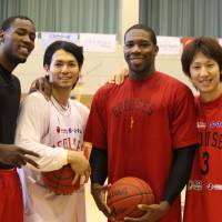 Team work: Toyama Grouses players (from left) Jeremy Jacob, Masashi Joho, Ira Brown and Mitsuhiro Kamezaki have helped lead the franchise to a 25-13 start this season. The Grouses have the weekend off. | MAYU NAGAO