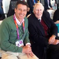 Legendary figure: Roger Bannister (right), the first man to run the mile in under 4 minutes, sits with LOCOG chairman Sebastian Coe at the Olympic Stadium on Wednesday night. | AP