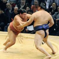 Winning form: Maegashira No. 8 Yoshikaze (left) beats maegashira Tokitenku on the 13th of the Kyushu Grand Sumo Tournament on Friday. | KYODO PHOTO