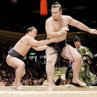 Ozeki strikes back: Harumafuji (left) clinches a winning record in the New Year Grand Sumo Tournament with his eighth victory over fellow ozeki Kotooshu on Saturday. | KYODO PHOTO