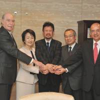 The participants in the first session of The Japan Times Forum on Africa-Japan Relations are (from left) Zimbabwean Ambassador Stuart Comberbach, Mayor of Yokohama Fumiko Hayashi, moderator and Japan Times Managing Editor Takashi Kitazume, Ambassador for TICAD V Makoto Ito of the Ministry of Foreign Affairs and Moroccan Ambassador Samir Arrour, at the newspaper’s Tokyo headquarters on March 1.
The evolution of Japan-Africa relations through TICAD