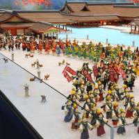 A model themed on Miyajima Kiyomori Matsuri, a Heian Era festival, featuring part of Itsukushiwa Shrine complex with warriors and courtesans made from marzipan and other treats. | SATOKO KAWASAKI