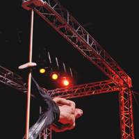Get on the good foot: Duncan West, the Australian winner of the Men\'s Division at the International Pole Championship in Tokyo, hangs horizontally from the pole in a seemingly impossible manner. In a display that was full-on machismo, he performed to the earthy sounds of \"Mr. Dynamite,\" the late, great soul star, James Brown. | MAMI MARUKO PHOTO