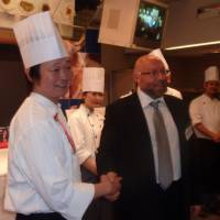 Numero Uno: Daisuke Yamazaki, a chef in Tokyo\'s Ginza district, is congratulated Wednesday by Francesco Formiconi, president of the Italian Chamber of Commerce in Japan, after winning an Italian cooking competition. | KYODO PHOTO