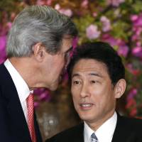 U.S. Secretary of State John Kerry has a private word with Foreign Minister Fumio Kishida as they shake hands after their joint press conference at the ministry’s Iikura Guesthouse in Tokyo. Kishida, Kerry urges North Korea to end standoff