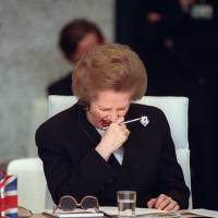 Prime Minister Margaret  Thatcher yawns while attending the Conference on Security and Cooperation in Europe in Paris in November 1990.  | AFP-JIJI