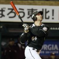 Banner night: Marines slugger Josh Whitesell hits three home runs in Chiba Lotte\'s 11-2 win over the Tohoku Rakuten Golden Eagles on Monday in Sendai. | KYODO