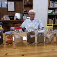 Man of vision: Koichiro Nakajima, president of Okayama Prefecture-based Meiken Laminated Wood Co., with samples of wood chips, oil and ash on his desk. | ATSUSHI ISHII PHOTO