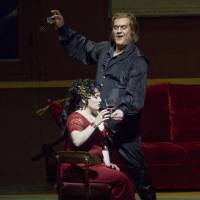 Deadly deal: Bryn Terfel (right) plays Scarpia and Patricia Racette, the title character, during an April 14, 2010, performance of the Puccini opera “Tosca” at the Metropolitan Opera in New York. The reviewer below writes that the chief torturer in “Kiku’s Prayer” makes the same bargain with Kiku as Scarpia did with Tosca. Preaching Endo's theme of a maternal divinity