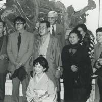 Art network: Roldolphe Stadler (at rear), Kazuo Shiraga (center) and his wife (front) with guests during an exhibition of Shiraga\'s work in 1992. | &#169; ARCHIVES GALERIE STADLER