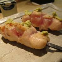 Skewers of gamecock breast meat, lightly grilled over charcoal and served with wasabi. | ROBBIE SWINNERTON 