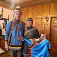 Local color: The author in traditional Udege dress made by a Nanai seamstress from Krasny Yar. | PATRICK EVANS PHOTOS