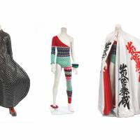 A space oddity: (left to right) “Tokyo Pop” vinyl bodysuit (1973), designed by Kansai Yamamoto for the Aladdin Sane tour; Asymmetric knitted bodysuit (1973), designed by Kansai Yamamoto for the Aladdin Sane tour; cloak decorated with kanji characters (1973), designed by Kansai Yamamoto for the Aladdin Sane tour. For David Bowie, Japanese style was more than just fashion