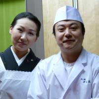 Old friend Manami and with Takanori Kajihara , the man she ended her career for by marrying, in their Kaji-sho restaurant. | LESLEY DOWNER PHOTO