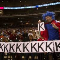 A symbol of dominance: Justin Kirby hangs up a K for another Texas Rangers starting pitcher Yu Darvish strikeout during the eighth inning against the Houston Astros on April 2 in Houston. Darvish worked 8 2/3 innings of a perfect baseball game with 14 strikeouts. Darvish impressing experts with his strikeout ability