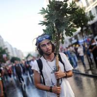 Going out on a limb: A protester holds tree branches during clashes between riot police and demonstrators in the streets adjacent to Taksim Square in Istanbul on Sunday. | AFP-JIJI