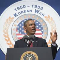 In praise: President Barack Obama speaks at the Korean War Veterans Memorial on Saturday. | AFP-JIJI