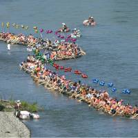 A line of 60 interlinked rafts float down the Tokachigawa River in Hokkaido Sunday in an attempt to top the Guinness World Record of 56 set there in 2002. Some 240 people paddled the snaking line of rafts, which was about 133 meters long. | KYODO