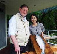 Beauty and the beast: Actress Mayu Tsuruta with the toki shirazu salmon she brought as a gift when she visited me to make a TV program in the Afan woods. A fish that knows not time