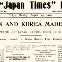 Dawn of an era: The front-page headline of this special edition of The Japan Times on Monday, Aug. 29, 1910, describes that day\'s promulgation of the Treaty of Annexation signed on Aug. 22 between Japan and Korea. In the vernacular of the day, the sub-title refers to Korea as Chosen, while just below is a sign of foreign complicity. | AP PHOTO