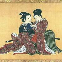 Different strokes: \"Spring Pastimes\", a silk scroll circa 1750 by Miyagawa Issho, shows a tryst between a samurai and a boyfriend. | AP